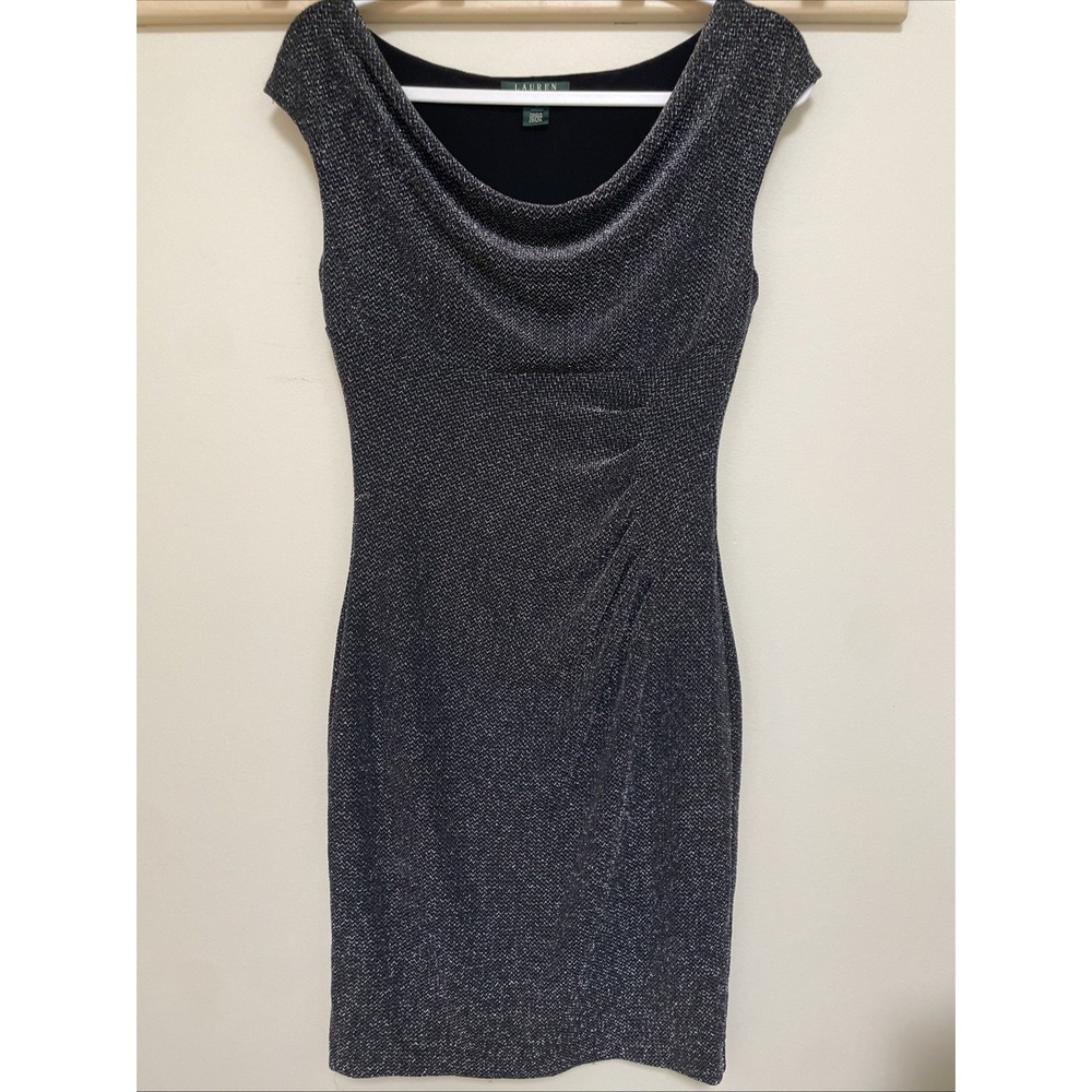 Lauren Ralph Lauren Sparkly Ruched Cocktail Dress Black Silver Metallic Size 6